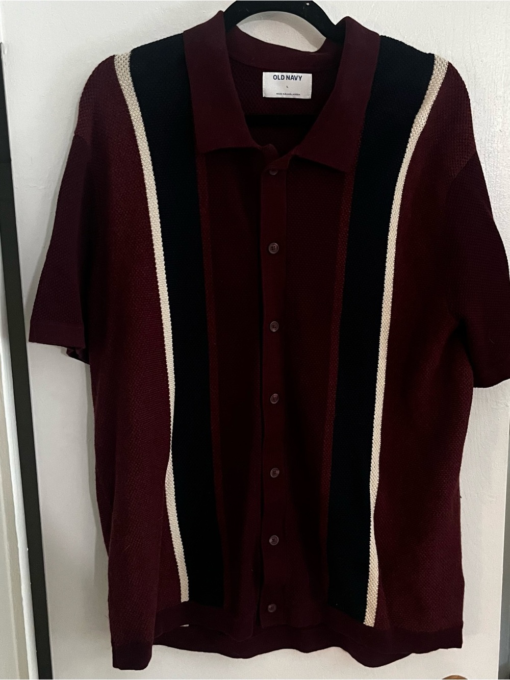 Old Navy Burgundy Button-Down Short Sleeve Shirt with Black and Cream Stripes
